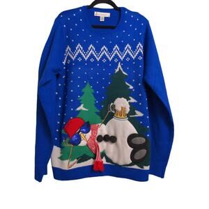 Jolly Sweaters Womens Pullover Sweater Blue Graphic Snowman Beer Winter XL